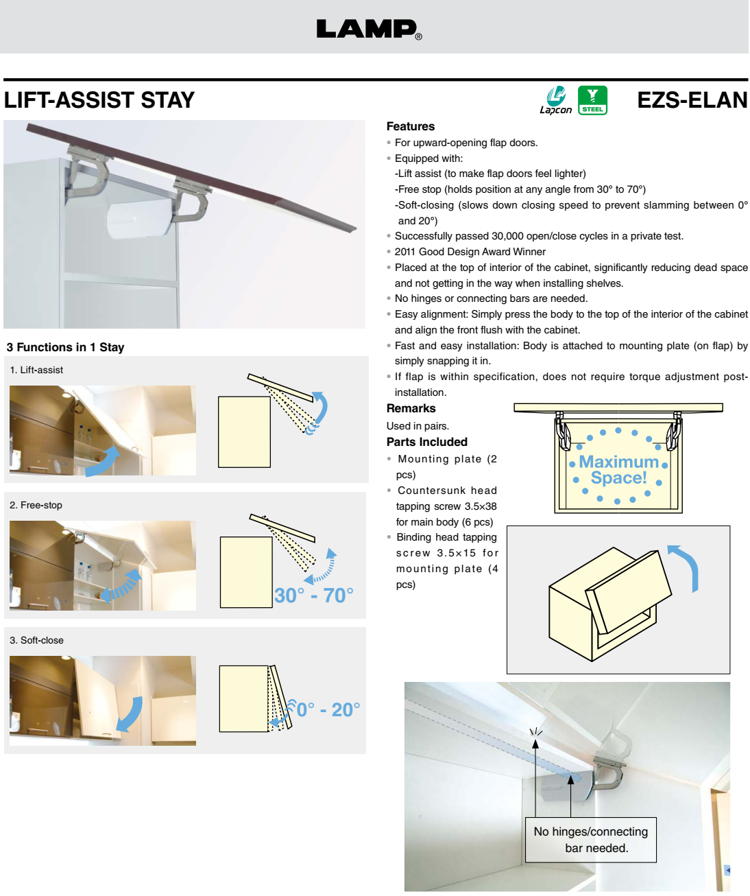 Tay nâng tủ bếp mở cánh hướng lên trên EZS-ELAN